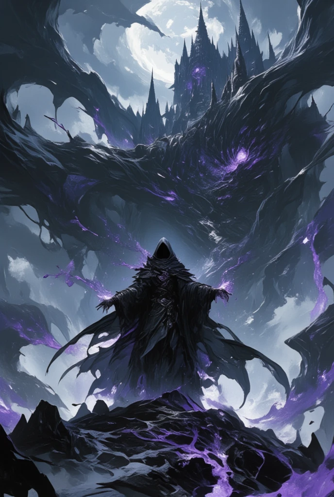 (Visualize a dark sorcerer standing before his shadowy fortress) perched atop a mist-shrouded mountain, its spires piercing the heavy clouds. The fortress looms with an imposing aura, its architecture twisted and surreal, reminiscent of gothic cathedrals infused with eldritch design. The (sorcerer), wearing a cloak that billows with unnatural life, stands with arms outstretched, as if commanding or communing with the dark forces that wail in the winds around him. His attire is intricately detailed with layers of shadow and traces of shimmering purple, contrasting starkly with the bleakness of the surroundings. The atmosphere is saturated with the sense of eternal night and hidden depths, captured in the intricate, dreamlike style of Yoshitaka Amano, where the merging of Final Fantasy’s dark fantasy themes crafts a panorama both haunting and majestic. The entire scene whispers of the power and solitude of the sorcerer, a solitary master of his desolate realm, whose image captivates with its blend of beauty, darkness, and unyielding mystery.