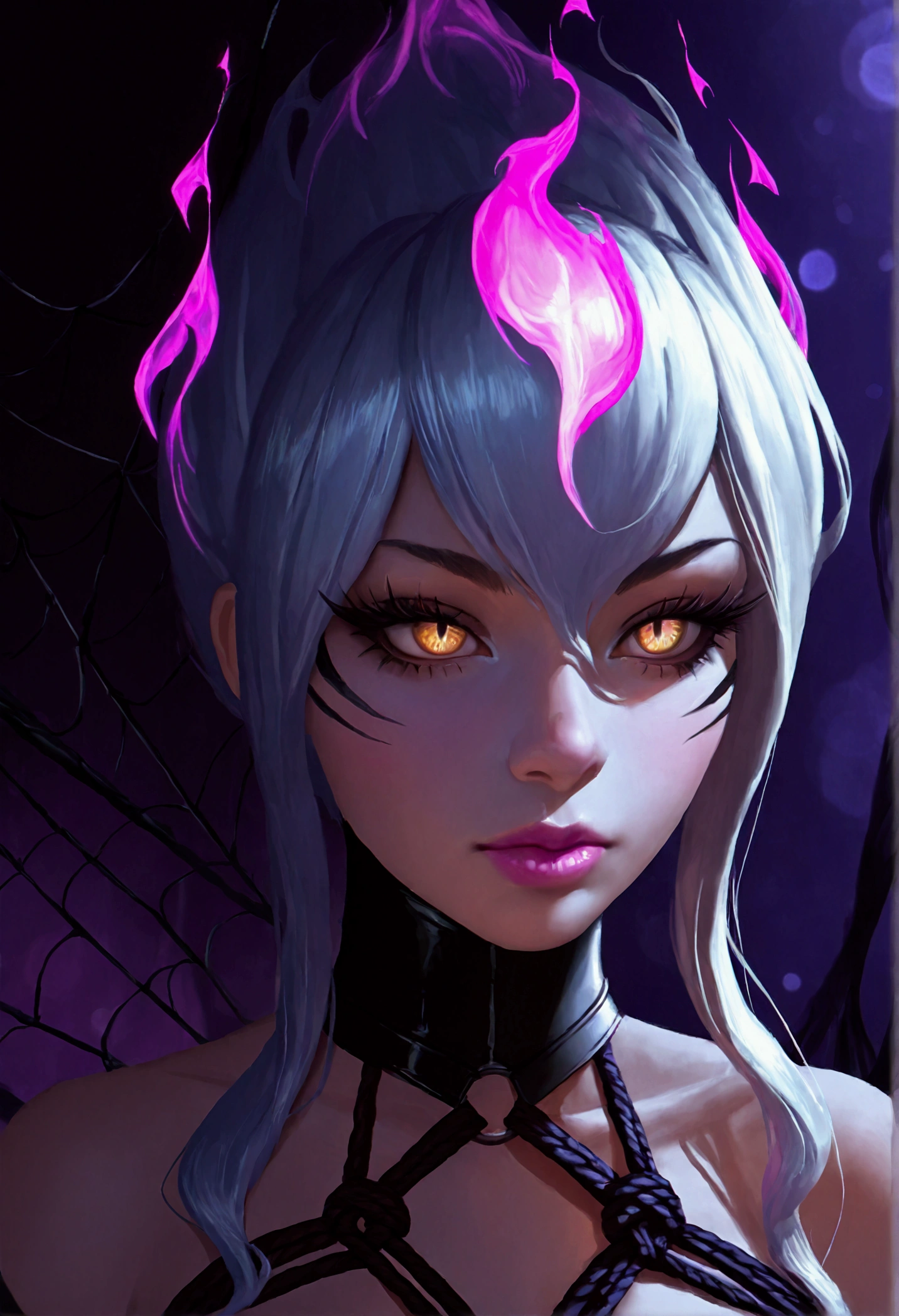 alta definition, evelynn, purple, chromatic, linear focus, spider web, spider queen, shibari, 1girl, beautiful detailed eyes, beautiful detailed lips, extremely detailed face, long eyelashes, intricate portrait, dramatic cinematic lighting, surreal, ethereal, elegant, mysterious, beautiful, digital painting, concept art, artstation, realistic, 8k, highres, masterpiece, photorealistic, ultra-detailed, studio lighting, physically-based rendering, vivid colors, bokeh