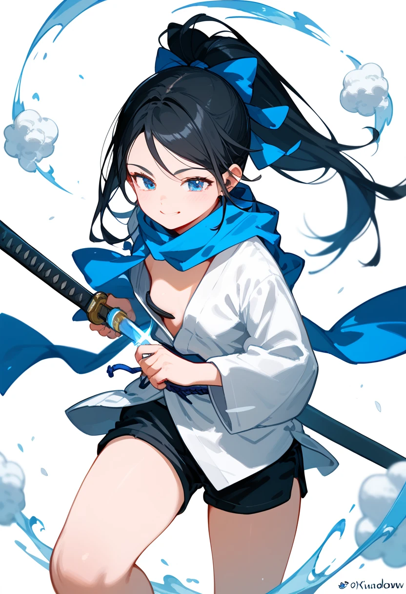  ,Black hair,Long hair,Ponytail, in blue eyes,Yukata set,Aggressive page, put on dumplings.,thigh,stand,, Wearing Black Shorts,Blue scarf,samurai,iaidow post ,Aura Black ,ready to draw post,Katana sword, small breasts,Smile widely,cute