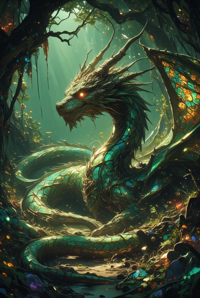 (Imagine a scene deep within an ancient, mystical forest shrouded in mist and secrets, where a majestic dragon rests. The dragon, adorned with ethereal, iridescent scales that shimmer in an array of emerald and sapphire hues, lies amidst the gnarled roots of ancient trees. Its massive wings are folded gracefully, showcasing delicate, web-like patterns reminiscent of stained glass. This creature is an embodiment of ancient wisdom and power, its eyes radiating a deep, golden hue, filled with centuries of knowledge. The forest itself is alive, with twisted vines and luminescent flowers casting a soft glow beneath the forest canopy. The atmosphere is one of serene magic, where time seems to stand still. In the style of Yoshitaka Amano, blend dark fantasy elements to create a harmonious, artful depiction of this otherworldly scene. Include intricate details in the dragon’s scales and the forest's flora to evoke a sense of living art, reflecting the divine balance of nature and magic in this fantastical realm.)