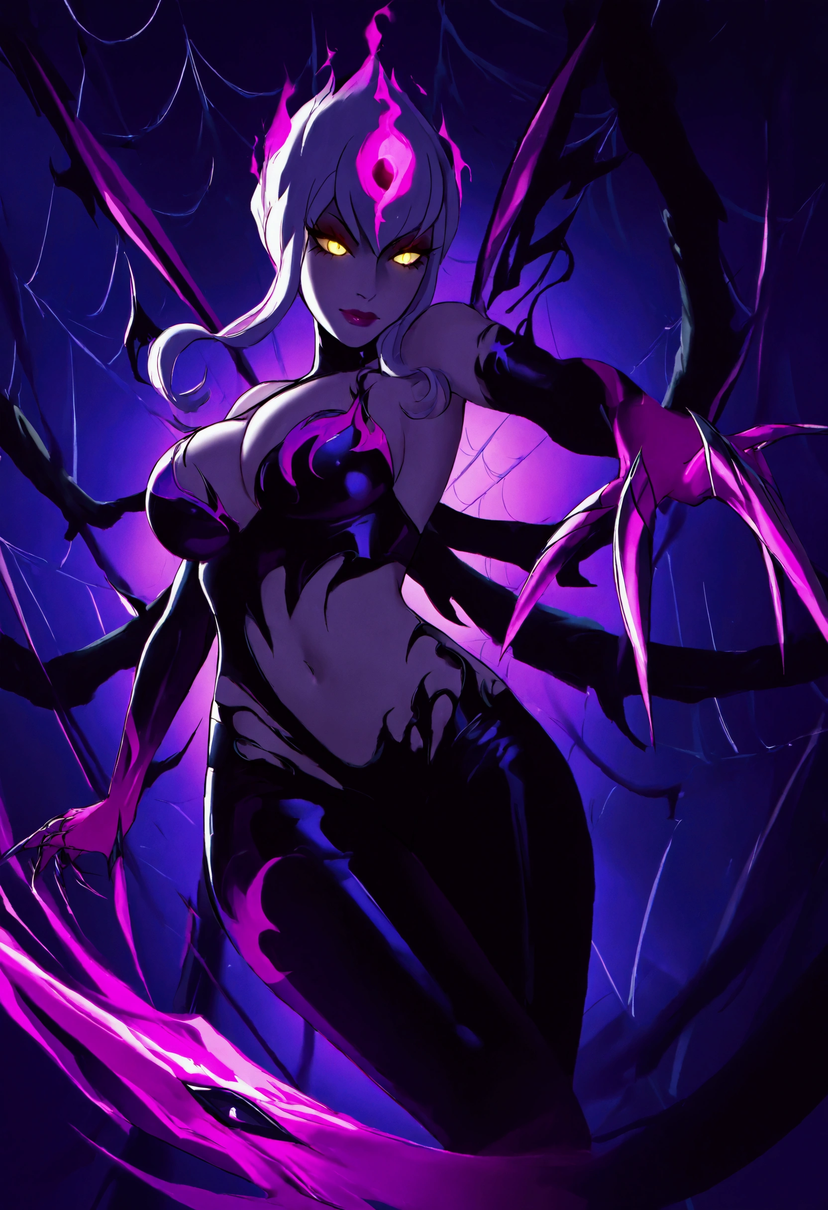 high definition ,Evelynn,purple,chromatic,linear approach, spider web,Spider queen , glowing eyes