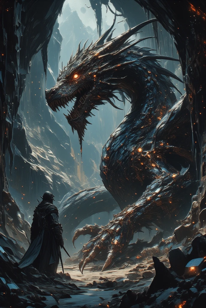 (Visualize a fearsome dragon emerging from the shadows of a cavern hidden deep within a mountain, its scales absorbing and reflecting the faint moonlight. This dragon is a creature of darkness and mystery, with scales ranging from deep indigo to black, studded with garnet-like gemstones that twinkle like stars. Its eyes glow a fierce amber, revealing an intelligence as sharp as its claws. The cavern is adorned with stalactites and stalagmites, creating a natural cathedral within the earth, and the air is filled with a tangible magic. Echoes of ancient chants and the dripping of unseen water add to the cavern’s haunting atmosphere. Through the use of Yoshitaka Amano's artistry, infuse the image with a sense of dark enchantment, where every shadow and glint of light is deliberate and telling. Capture the dragon's imposing and enigmatic presence amidst the raw, untamed beauty of its subterranean lair.)