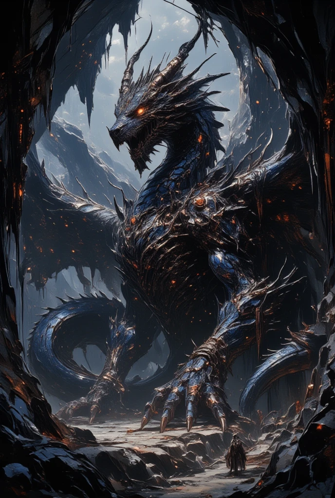 (Visualize a fearsome dragon emerging from the shadows of a cavern hidden deep within a mountain, its scales absorbing and reflecting the faint moonlight. This dragon is a creature of darkness and mystery, with scales ranging from deep indigo to black, studded with garnet-like gemstones that twinkle like stars. Its eyes glow a fierce amber, revealing an intelligence as sharp as its claws. The cavern is adorned with stalactites and stalagmites, creating a natural cathedral within the earth, and the air is filled with a tangible magic. Echoes of ancient chants and the dripping of unseen water add to the cavern’s haunting atmosphere. Through the use of Yoshitaka Amano's artistry, infuse the image with a sense of dark enchantment, where every shadow and glint of light is deliberate and telling. Capture the dragon's imposing and enigmatic presence amidst the raw, untamed beauty of its subterranean lair.)