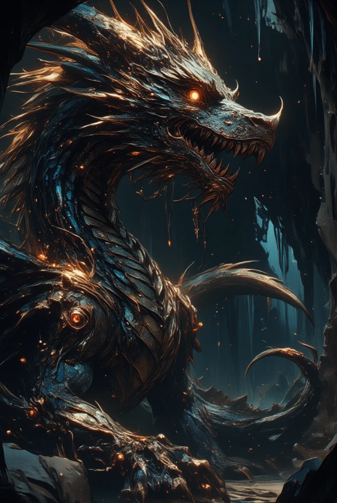 (Visualize a fearsome dragon emerging from the shadows of a cavern hidden deep within a mountain, its scales absorbing and reflecting the faint moonlight. This dragon is a creature of darkness and mystery, with scales ranging from deep indigo to black, studded with garnet-like gemstones that twinkle like stars. Its eyes glow a fierce amber, revealing an intelligence as sharp as its claws. The cavern is adorned with stalactites and stalagmites, creating a natural cathedral within the earth, and the air is filled with a tangible magic. Echoes of ancient chants and the dripping of unseen water add to the cavern’s haunting atmosphere. Through the use of Yoshitaka Amano's artistry, infuse the image with a sense of dark enchantment, where every shadow and glint of light is deliberate and telling. Capture the dragon's imposing and enigmatic presence amidst the raw, untamed beauty of its subterranean lair.)