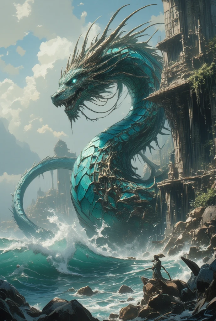 (Create a captivating image of a dragon rising from the ruins of a sunken temple along a misty seashore. The dragon, cloaked in scales that mirror the shifting colors of the ocean – from turquoise to deep sea blue – embodies the mystique and power of the sea itself. Its eyes are a piercing aqua, reflecting the depths of the ocean and secrets long buried. The temple ruins are carved from coral and sea stone, encrusted with barnacles and draped in seaweed, telling tales of an age forgotten. This dragon is both guardian and spirit of the sea, seamlessly blending into its environment. The scene should evoke the haunting beauty and mystery of the ocean, with waves crashing rhythmically against the ancient stones, shrouded in fog. Capture the poetic elegance and otherworldly presence of both dragon and seascape, using Yoshitaka Amano's style to emphasize the ethereal and ever-changing nature of this coastal fantasy.)