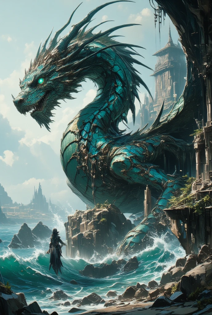 (Create a captivating image of a dragon rising from the ruins of a sunken temple along a misty seashore. The dragon, cloaked in scales that mirror the shifting colors of the ocean – from turquoise to deep sea blue – embodies the mystique and power of the sea itself. Its eyes are a piercing aqua, reflecting the depths of the ocean and secrets long buried. The temple ruins are carved from coral and sea stone, encrusted with barnacles and draped in seaweed, telling tales of an age forgotten. This dragon is both guardian and spirit of the sea, seamlessly blending into its environment. The scene should evoke the haunting beauty and mystery of the ocean, with waves crashing rhythmically against the ancient stones, shrouded in fog. Capture the poetic elegance and otherworldly presence of both dragon and seascape, using Yoshitaka Amano's style to emphasize the ethereal and ever-changing nature of this coastal fantasy.)