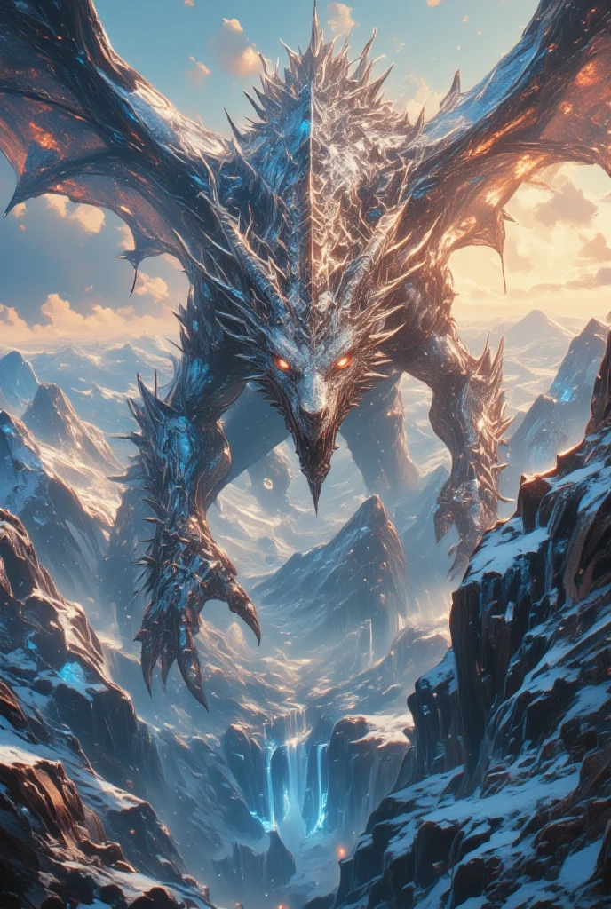 (Picture a dragon soaring high above frozen peaks at dawn, where the icy landscape sparkles in the early morning light. The dragon's scales are a frosty silver, glistening with a sheen akin to freshly fallen snow, edged with hints of crystalline blue. Its eyes are a vivid ice-blue, sharp and piercing as the winter wind. Each beat of its powerful wings sends a flurry of snow and ice into the air, creating a dazzling display of natural beauty. The mountain range stretches endlessly, bathed in a warm glow from the rising sun, casting long, dramatic shadows across the pristine expanse. In the style of Yoshitaka Amano, infuse the scene with the majesty of the natural world intertwined with dark fantasy elements. Capture the silence, the purity, and the raw power of this high-altitude realm, where the dragon rules over the frozen kingdom with an elegance only seen in legends and dreams.)