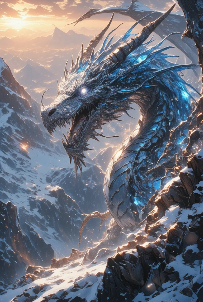 (Picture a dragon soaring high above frozen peaks at dawn, where the icy landscape sparkles in the early morning light. The dragon's scales are a frosty silver, glistening with a sheen akin to freshly fallen snow, edged with hints of crystalline blue. Its eyes are a vivid ice-blue, sharp and piercing as the winter wind. Each beat of its powerful wings sends a flurry of snow and ice into the air, creating a dazzling display of natural beauty. The mountain range stretches endlessly, bathed in a warm glow from the rising sun, casting long, dramatic shadows across the pristine expanse. In the style of Yoshitaka Amano, infuse the scene with the majesty of the natural world intertwined with dark fantasy elements. Capture the silence, the purity, and the raw power of this high-altitude realm, where the dragon rules over the frozen kingdom with an elegance only seen in legends and dreams.)