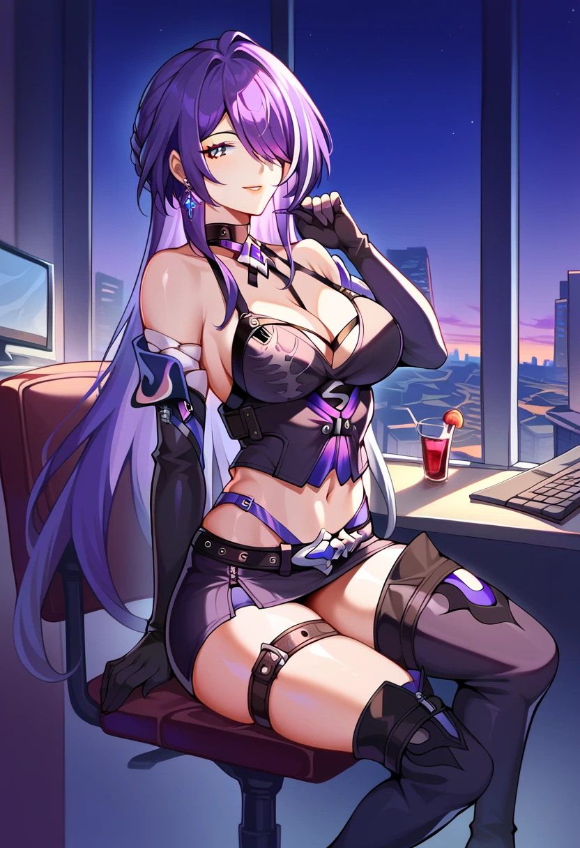1girl(masterpiece, round_iris, extremely crisp crystalline shiny purple eyes, perfect_anatomy, extremely_captivating_hypnotic_mystic_eyes, ) perfect face, long pastel pink hair, smiling evil, big breasts, sexy lingerie, gamer girl, gaming room, dynamic pose, best quality, 4k