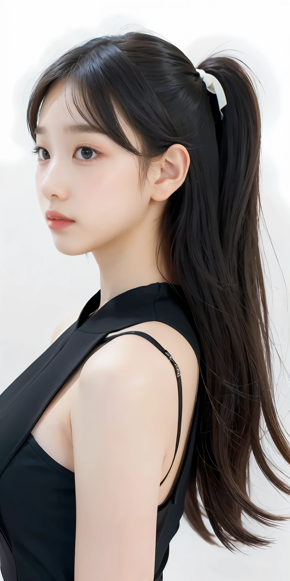 1girl, black dress, white background,