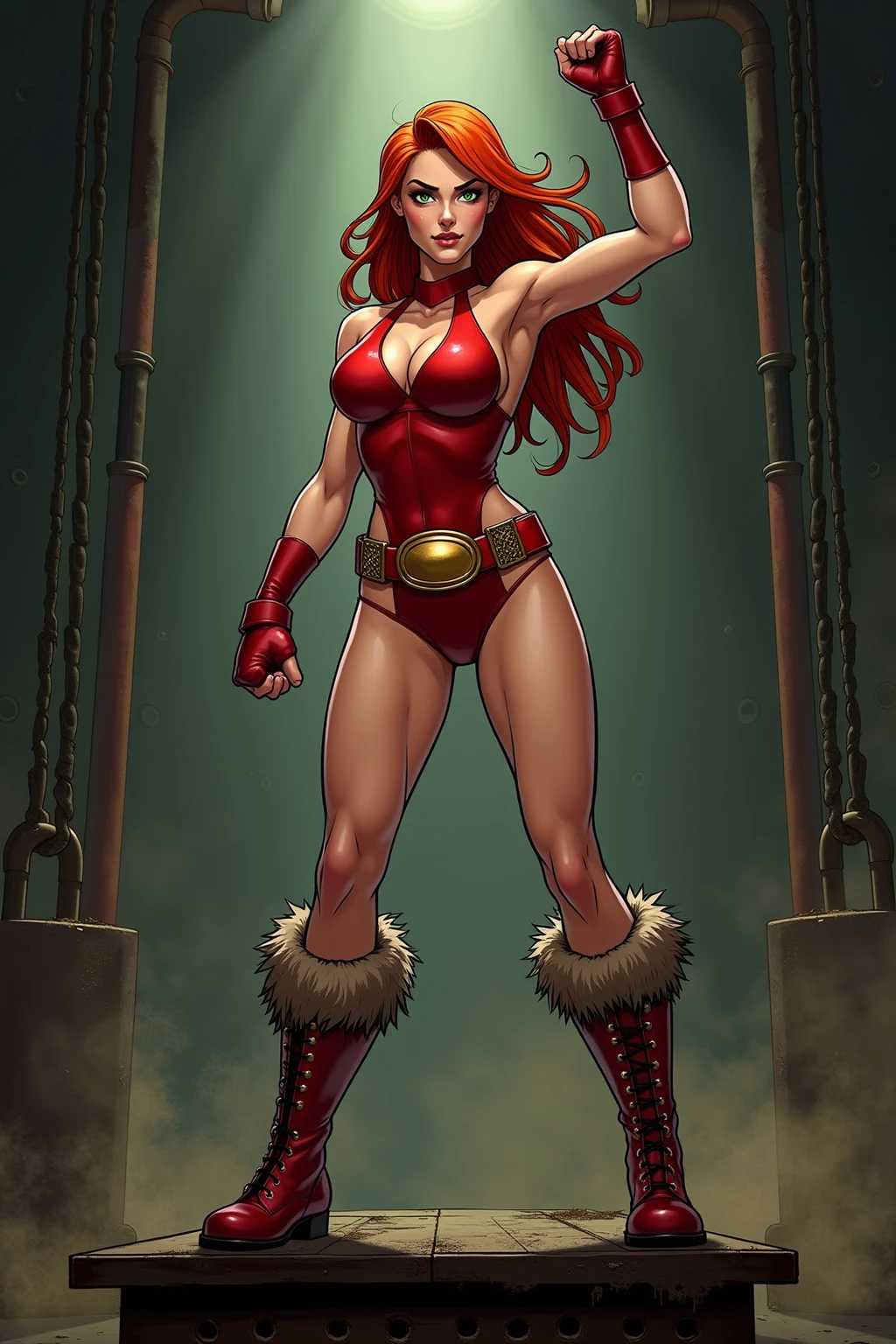 a beautiful demon girl with long red hair in a braid, off-shoulder dress, wearing shorts, standing in the dungeon of a castle with rats around, looking directly at the viewer with a cute smile, extremely detailed facial features, including big blue eyes, freckles, makeup, dynamic angle and pose, rule of thirds composition, dynamic perspective, dynamic line of action, full body shot, 50mm lens, (best quality,4k,8k,highres,masterpiece:1.2),ultra-detailed,(realistic,photorealistic,photo-realistic:1.37),HDR lighting,cinematic composition,perfect anatomy,big breasts,horns on forehead,demon tail