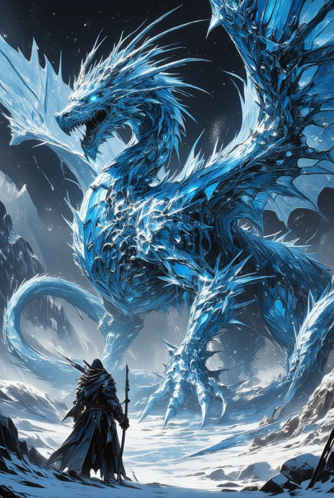 (Convert a towering and fearsome ice dragon emerging from a frozen landscape. The dragon’s scales are crystalline and reflect a spectrum of colors under the pale moonlight, giving it an otherworldly, magical appearance. Its eyes are a piercing icy blue, capable of freezing anything with just a gaze. The creature's wings are vast, edged with shards of ice, and they flare out magnificently against the darkened, snow-laden sky. Capture Yoshitaka Amano's artistic flair through delicate, winding lines and complex details that give the dragon an elegant yet menacing presence. The surrounding area is filled with snowy peaks and glaciers, rendered in expressive, sweeping strokes, evoking a sense of desolation yet beauty in this dark fantasy setting.)