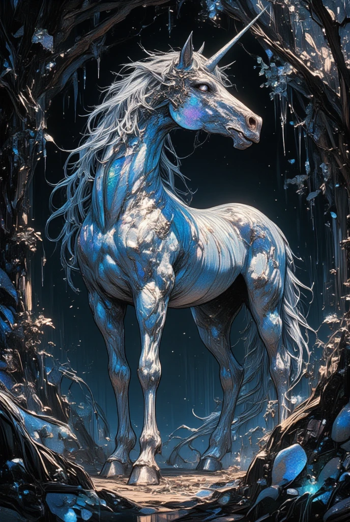 (Create a mystical unicorn standing in an enchanted, shadowy forest. The unicorn’s coat is shimmering, with an opalescent quality that reflects the glimmers of hidden starlight filtering through the ancient canopy. Its mane flows like liquid silver, and its eyes are deep pools of wisdom and grace. The unicorn's presence is both serene and powerful, exuding a sense of purity amidst the darkness of its surroundings. In keeping with Yoshitaka Amano's artistic flair, emphasize intricate line work and ethereal textures, giving the scene a poetic, dreamy quality. The forest around it is lush, with gnarled trees and softly glowing flora creating a surreal, artistic dark fantasy environment.)