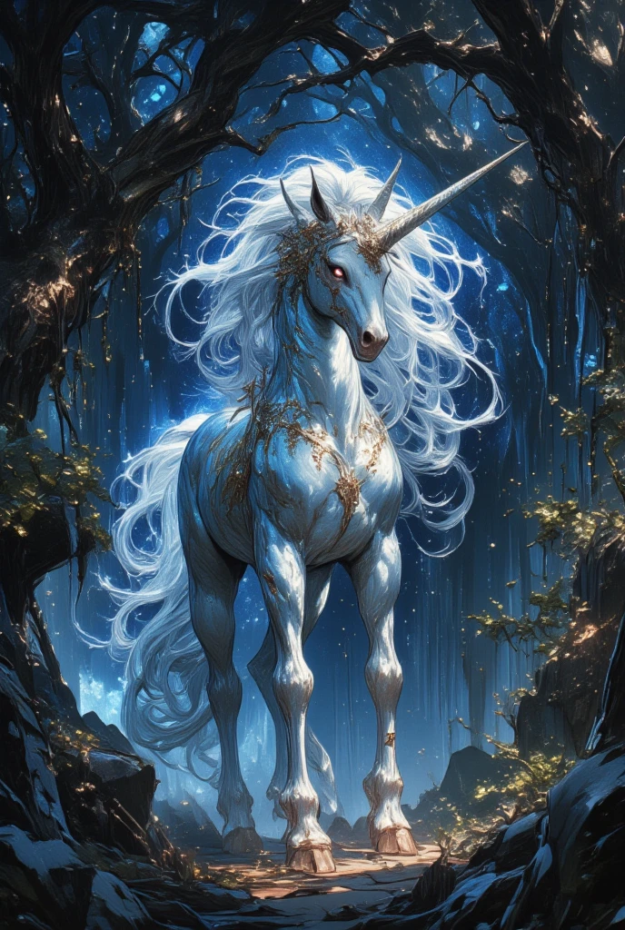 (Create a mystical unicorn standing in an enchanted, shadowy forest. The unicorn’s coat is shimmering, with an opalescent quality that reflects the glimmers of hidden starlight filtering through the ancient canopy. Its mane flows like liquid silver, and its eyes are deep pools of wisdom and grace. The unicorn's presence is both serene and powerful, exuding a sense of purity amidst the darkness of its surroundings. In keeping with Yoshitaka Amano's artistic flair, emphasize intricate line work and ethereal textures, giving the scene a poetic, dreamy quality. The forest around it is lush, with gnarled trees and softly glowing flora creating a surreal, artistic dark fantasy environment.)