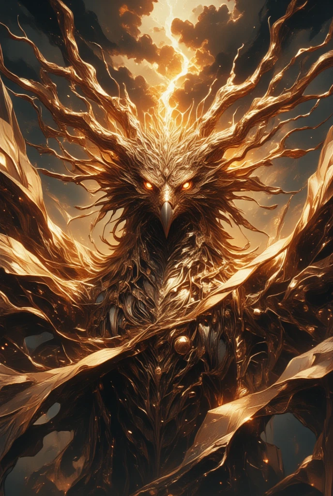 Portray an imposing eagle, a sovereign of the skies in a fantasy world torn between light and darkness. (The eagle's eyes blaze with a golden fire, embodying the sun's fierce energy and the passage of time.) Its plumage appears as a cascade of burnished gold and bronze feathers, each intricately detailed and shimmering with supernatural brilliance. Swirling wind motifs are etched into its wings, symbolizing its command over the skies and tempests. The background reveals a dramatic skyline of dark, swirling clouds pierced by radiant beams of sunlight, suggesting the eternal struggle between the forces of light and shadow. Adopt the art style of Yoshitaka Amano, focusing on his ethereal abstraction and the interplay of light and shadow. The eagle's pose should convey both grace and immense power, hovering between the ethereal and the corporeal. Integrate dark fantasy elements, using a palette dominated by deep golds, dusky browns, and the stark contrast of stormy greys. This artwork should inspire awe and reflect the grandeur of this legendary air-borne guardian.