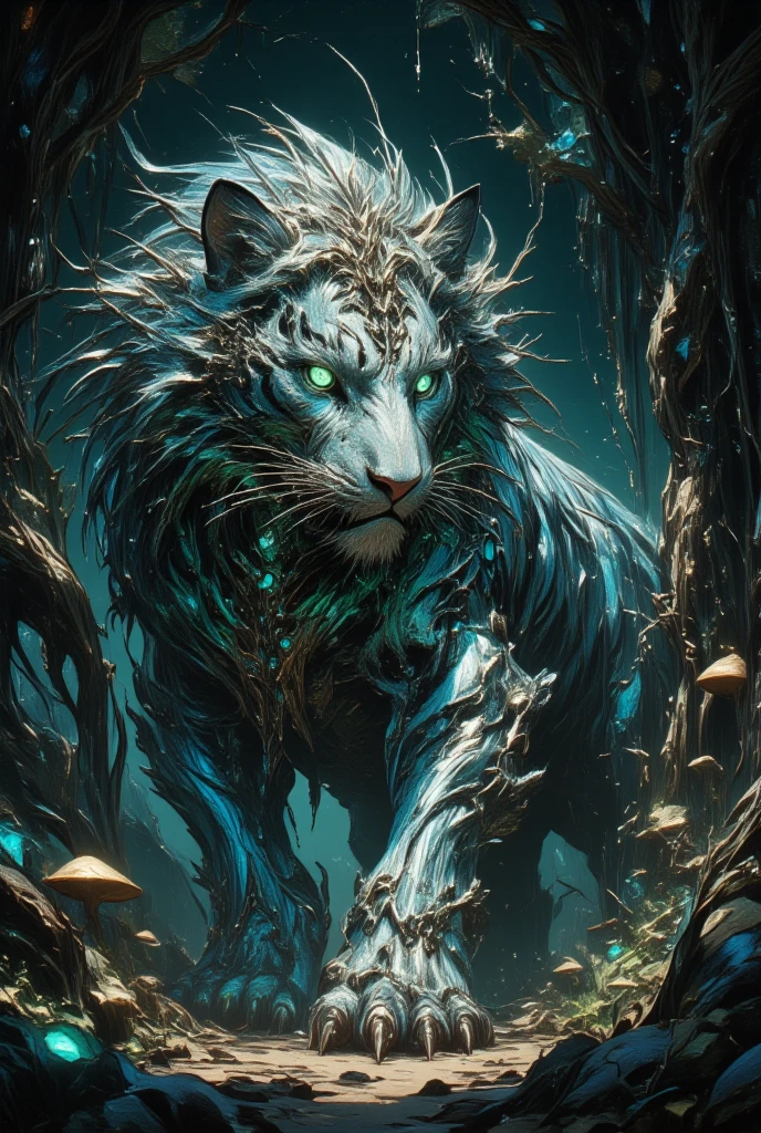 Create an ethereal portrait of a mystical forest tiger, embodying the spirit of a Final Fantasy creature. (The tiger is portrayed with a shimmering silver and blue striped coat, casting an enigmatic glow in the dim light of a moonlit forest. Its eyes are a vivid, haunting emerald green, conveying both wisdom and an untamed ferocity. The surrounding environment is a lush, fantastical woodland, with towering, twisted trees and faintly glowing mushrooms dotting the forest floor. The tiger’s form is both majestic and surreal, blending seamlessly into the dreamlike ambiance.) In the style of Yoshitaka Amano, employ elements of dark fantasy art, capturing an artistic and mysterious mood. The composition should juxtapose the tiger’s imposing presence against the intricacy of the fantasy forest, utilizing delicate, swirling lines and an interplay of light and shadow to enhance the otherworldly atmosphere. The mood should be one of reverence and wonder, as if the viewer is encountering an ancient, mythical guardian of the woods.