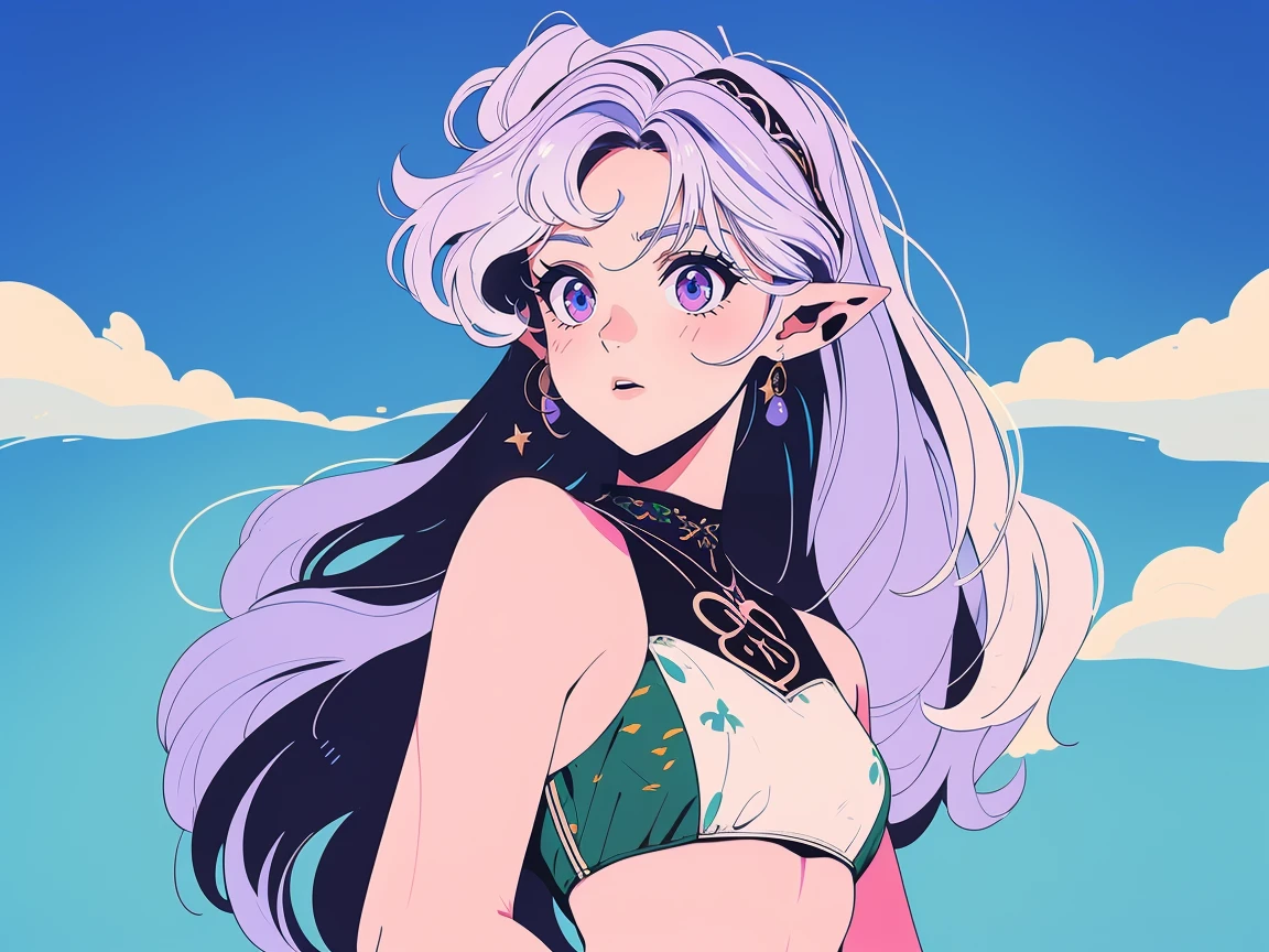 Girl with long hair, white hair, anime aesthetic, anime vibes, Anime, noble girl, anime art wallpaper 4 k, anime art wallpaper 4k, anime art wallpaper 8 k, anime background art,anime asthetic, masterpiece , top quality, rainbow style, anime, beautiful asian girl, along hawaiian coast, cute and dreamy, anime, illustrator, lofi girl, blues, landscape,  (girl with white long hair and light purple eyes) elf, ((genshin impact style))