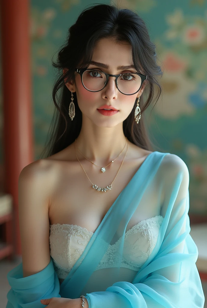 Glasses, bottomless, Flashy, grandeur, glamor, cleavage, hijabi, Absurd, ultra-detailed, high quality, masterpiece, detailed face, beautiful eyes(detailed eyes), javanese, gentle and graceful, face exudes warmth and kindness, eyes described as soft and comforting, gentle and steady gaze, overall appearance is simple and modest, The fabric of her garments is usually depicted as soft and earth-toned, beauty lies not in extravagant adornments, Her smile is serene and welcoming