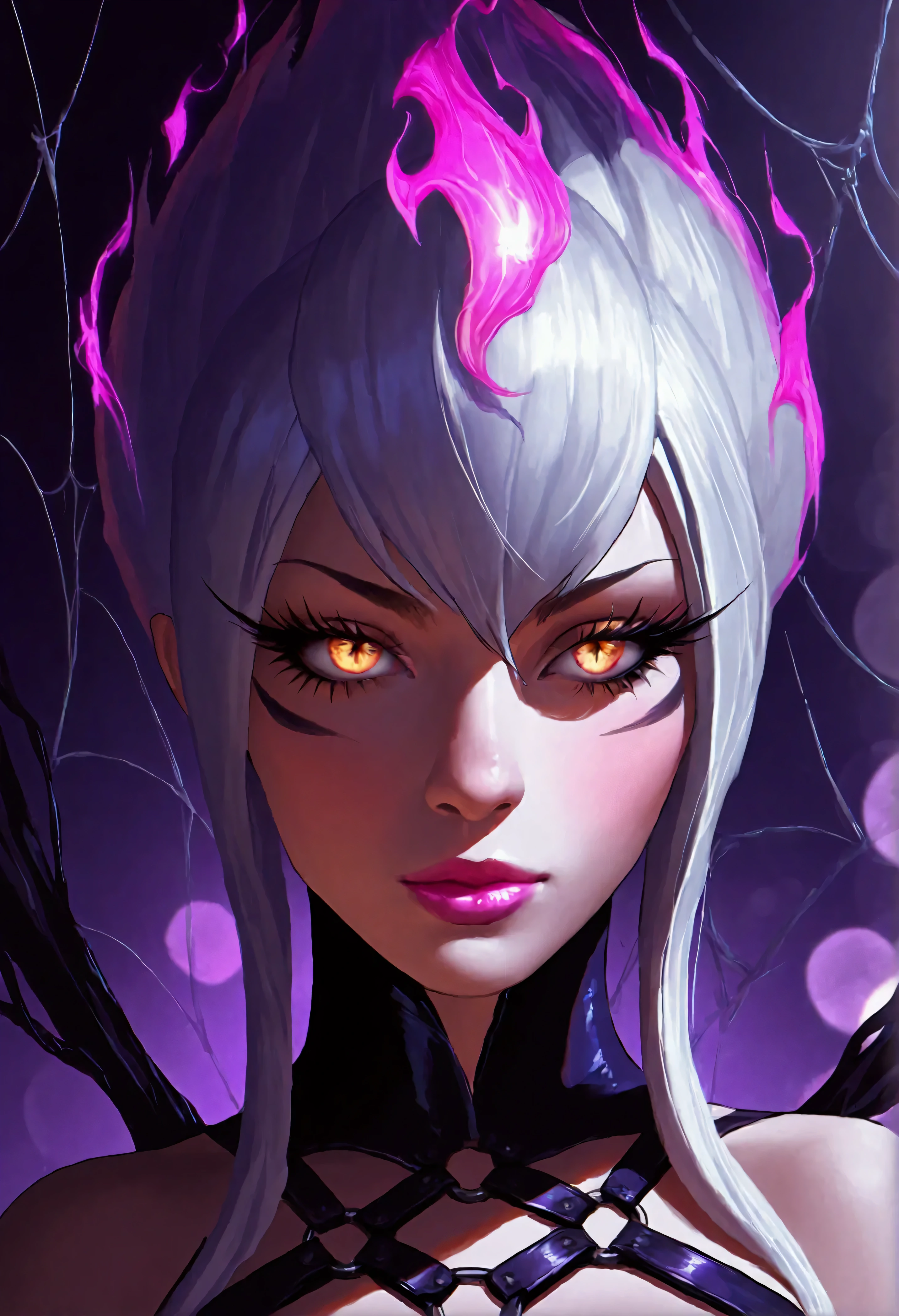 alta definition, evelynn, purple, chromatic, linear focus, spider web, spider queen, shibari, 1girl, beautiful detailed eyes, beautiful detailed lips, extremely detailed face, long eyelashes, intricate portrait, dramatic cinematic lighting, surreal, ethereal, elegant, mysterious, beautiful, digital painting, concept art, artstation, realistic, 8k, highres, masterpiece, photorealistic, ultra-detailed, studio lighting, physically-based rendering, vivid colors, bokeh