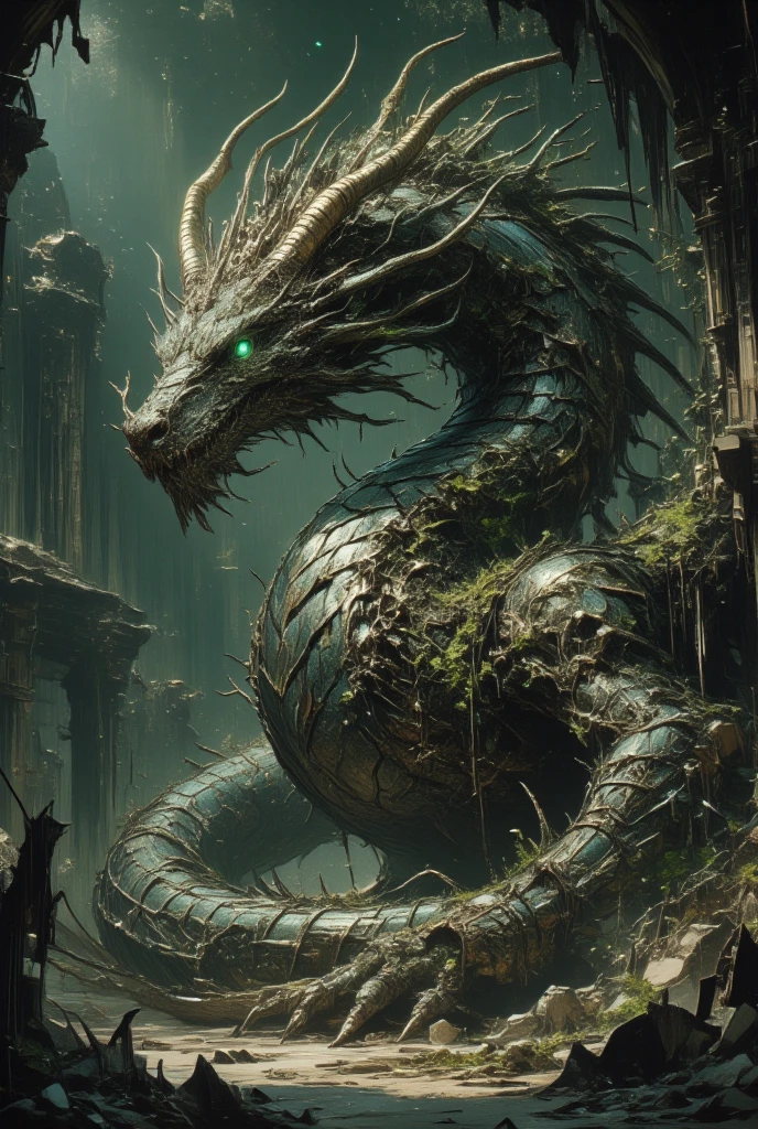 (Visualize a massive, imposing dragon, its body coiled around ancient ruins deep within an enchanted forest. This dragon is the guardian of these sacred lands, its scales taking on a rocky texture, interspersed with veins of luminescent silver. Moss and small plant life seem to grow directly from its body, blending it seamlessly with its environment, as if it has lain in wait for centuries. Its head is adorned with multiple horns that curve backward, forming a natural crown. The dragon’s eyes are a deep, forest green, observing all with an intense, unwavering focus. The ruins over which it presides tell tales of lost civilizations, with carvings and glyphs faintly glowing under the moonlight. Ivy winds through broken pillars, and faint wisps of magical energy dance in the air, illuminating the dragon's majestic figure. This scene evokes the atmosphere of timeless mystery and revered antiquity, captured through the lens of Amano’s artistic style, filled with intricate detailing and an aura of serene mysticism that speaks to the heart of dark fantasy.)

