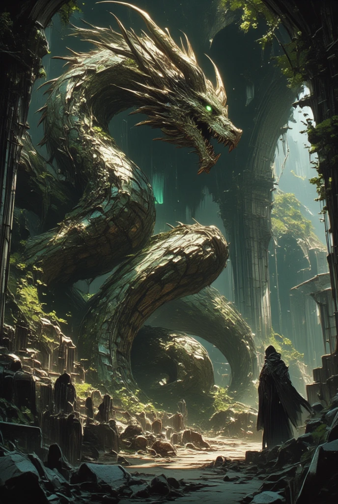 (Visualize a massive, imposing dragon, its body coiled around ancient ruins deep within an enchanted forest. This dragon is the guardian of these sacred lands, its scales taking on a rocky texture, interspersed with veins of luminescent silver. Moss and small plant life seem to grow directly from its body, blending it seamlessly with its environment, as if it has lain in wait for centuries. Its head is adorned with multiple horns that curve backward, forming a natural crown. The dragon’s eyes are a deep, forest green, observing all with an intense, unwavering focus. The ruins over which it presides tell tales of lost civilizations, with carvings and glyphs faintly glowing under the moonlight. Ivy winds through broken pillars, and faint wisps of magical energy dance in the air, illuminating the dragon's majestic figure. This scene evokes the atmosphere of timeless mystery and revered antiquity, captured through the lens of Amano’s artistic style, filled with intricate detailing and an aura of serene mysticism that speaks to the heart of dark fantasy.)

