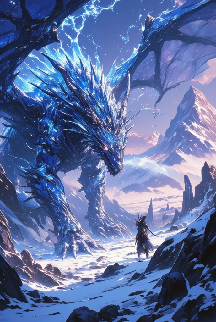 (Envision a dragon of immense power inhabiting the icy peaks of a forgotten mountain range. This creature is a masterpiece of art, its scales glistening with a frosty blue sheen that reflects the sub-zero temperatures of its domain. The dragon’s body is encrusted in ice, with shards jutting outward, creating a formidable and awe-inspiring silhouette against the stark white backdrop of snow-capped peaks. Its wings are broad and membrane-like, appearing as though crafted from frozen wind itself, crackling with energy when it moves. Its breath releases clouds of crystalline frost, freezing the air around it. The dragon’s gaze is icy and calculating, with eyes like frozen sapphires, rendered with exquisite depth. The setting sun casts long shadows, bathing the peaks in a violet twilight, a breathtaking contrast to the dragon’s chilling presence. The artistry of the scene channels Amano's unique vision, blending the ethereal beauty of ice with the foreboding elements of dark fantasy, every stroke revealing the artistry behind such a fantastical beast.)