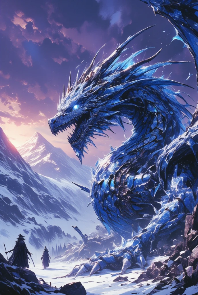 (Envision a dragon of immense power inhabiting the icy peaks of a forgotten mountain range. This creature is a masterpiece of art, its scales glistening with a frosty blue sheen that reflects the sub-zero temperatures of its domain. The dragon’s body is encrusted in ice, with shards jutting outward, creating a formidable and awe-inspiring silhouette against the stark white backdrop of snow-capped peaks. Its wings are broad and membrane-like, appearing as though crafted from frozen wind itself, crackling with energy when it moves. Its breath releases clouds of crystalline frost, freezing the air around it. The dragon’s gaze is icy and calculating, with eyes like frozen sapphires, rendered with exquisite depth. The setting sun casts long shadows, bathing the peaks in a violet twilight, a breathtaking contrast to the dragon’s chilling presence. The artistry of the scene channels Amano's unique vision, blending the ethereal beauty of ice with the foreboding elements of dark fantasy, every stroke revealing the artistry behind such a fantastical beast.)