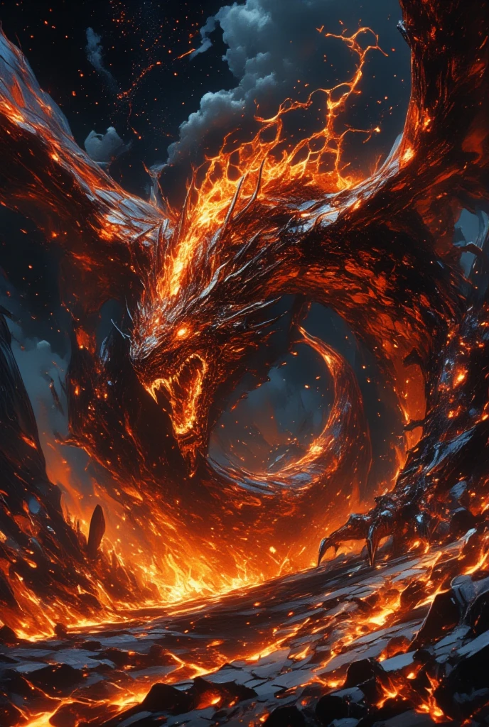 (Picture a magnificent dragon emerging from the heart of a fiery inferno, wings outstretched as it rises above a landscape of molten lava and charred earth. Its scales burn with a vibrant spectrum of reds, oranges, and yellows, creating an intense, living blaze that dances across its body. This dragon is born of fire, its very being an embodiment of destruction and rebirth, with obsidian-like claws that gleam through the smoke. Fire flickers constantly around it, as if it draws power directly from the molten core of the world. Its eyes burn with an intense gold, reflecting the unyielding heat of its surroundings. The ground below is a tapestry of cracked earth and flowing lava rivers, illuminating the dark canvas of the sky with their malevolent glow. Wisps of smoke curl upward, obscuring the stars. The depiction captures Amano's fantastical influences, where darkness and light collide, creating a vivid scene replete with the chaotic beauty of dark fantasy and the raw power of elemental fire.)