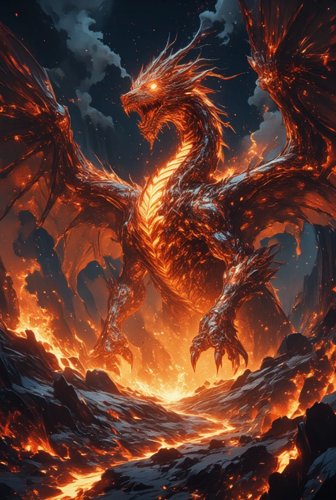 (Picture a magnificent dragon emerging from the heart of a fiery inferno, wings outstretched as it rises above a landscape of molten lava and charred earth. Its scales burn with a vibrant spectrum of reds, oranges, and yellows, creating an intense, living blaze that dances across its body. This dragon is born of fire, its very being an embodiment of destruction and rebirth, with obsidian-like claws that gleam through the smoke. Fire flickers constantly around it, as if it draws power directly from the molten core of the world. Its eyes burn with an intense gold, reflecting the unyielding heat of its surroundings. The ground below is a tapestry of cracked earth and flowing lava rivers, illuminating the dark canvas of the sky with their malevolent glow. Wisps of smoke curl upward, obscuring the stars. The depiction captures Amano's fantastical influences, where darkness and light collide, creating a vivid scene replete with the chaotic beauty of dark fantasy and the raw power of elemental fire.)