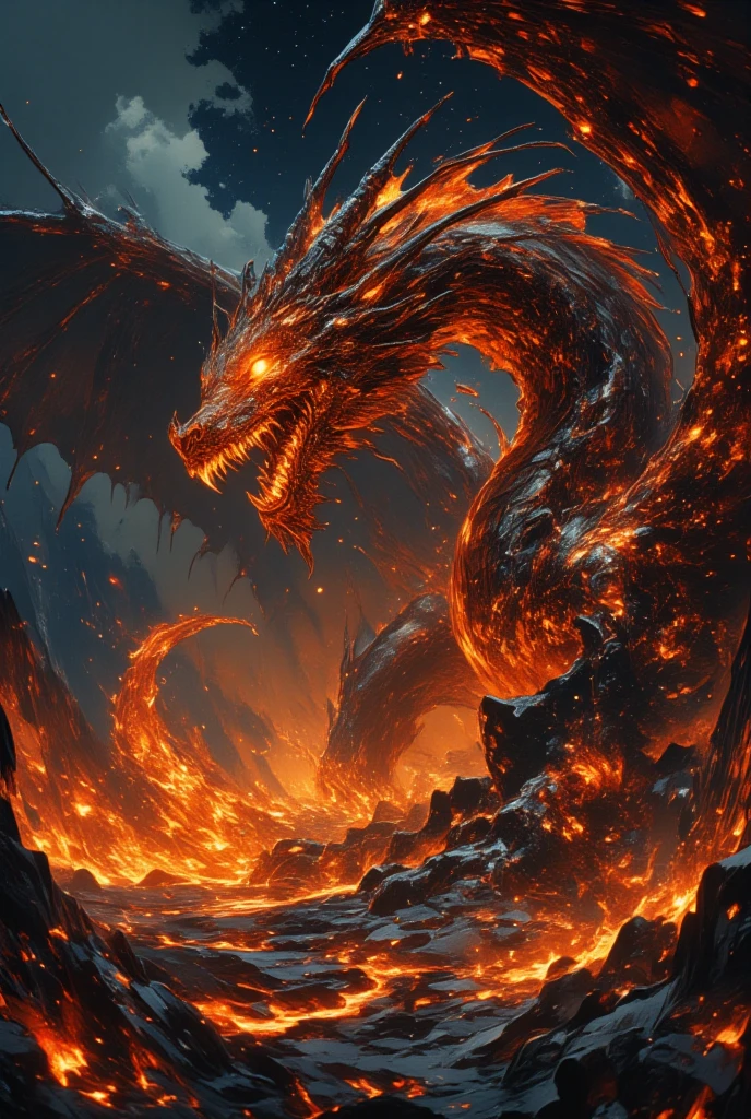 (Picture a magnificent dragon emerging from the heart of a fiery inferno, wings outstretched as it rises above a landscape of molten lava and charred earth. Its scales burn with a vibrant spectrum of reds, oranges, and yellows, creating an intense, living blaze that dances across its body. This dragon is born of fire, its very being an embodiment of destruction and rebirth, with obsidian-like claws that gleam through the smoke. Fire flickers constantly around it, as if it draws power directly from the molten core of the world. Its eyes burn with an intense gold, reflecting the unyielding heat of its surroundings. The ground below is a tapestry of cracked earth and flowing lava rivers, illuminating the dark canvas of the sky with their malevolent glow. Wisps of smoke curl upward, obscuring the stars. The depiction captures Amano's fantastical influences, where darkness and light collide, creating a vivid scene replete with the chaotic beauty of dark fantasy and the raw power of elemental fire.)