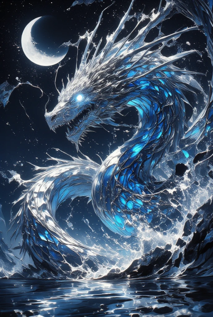 (Depict a serene yet enigmatic dragon that calls the vast ocean home, its body sleek and covered in luminescent scales that reflect the moonlight like a thousand tiny mirrors. This dragon cuts through the waves with ease, its serpentine form gliding effortlessly beneath the surface before breaking through in a shower of crystal water droplets. Its wings are fin-like, expanded to catch the sea breeze, creating ripples of phosphorescent light. The dragon’s eyes are a deep azure, luminous and wise, mirroring the endless depths of the ocean. The sea around this majestic being is calm and reflective, a mirror to the starry sky above, while a crescent moon hangs low, illuminating the entire scene in a soft, silver glow. The artistry channels the ethereal dreamscapes typical of Amano's work, with its delicate lines and surreal ambiance perfectly capturing the tranquil majesty and understated power of this oceanic guardian, amidst the backdrop of a dark fantasy setting.)