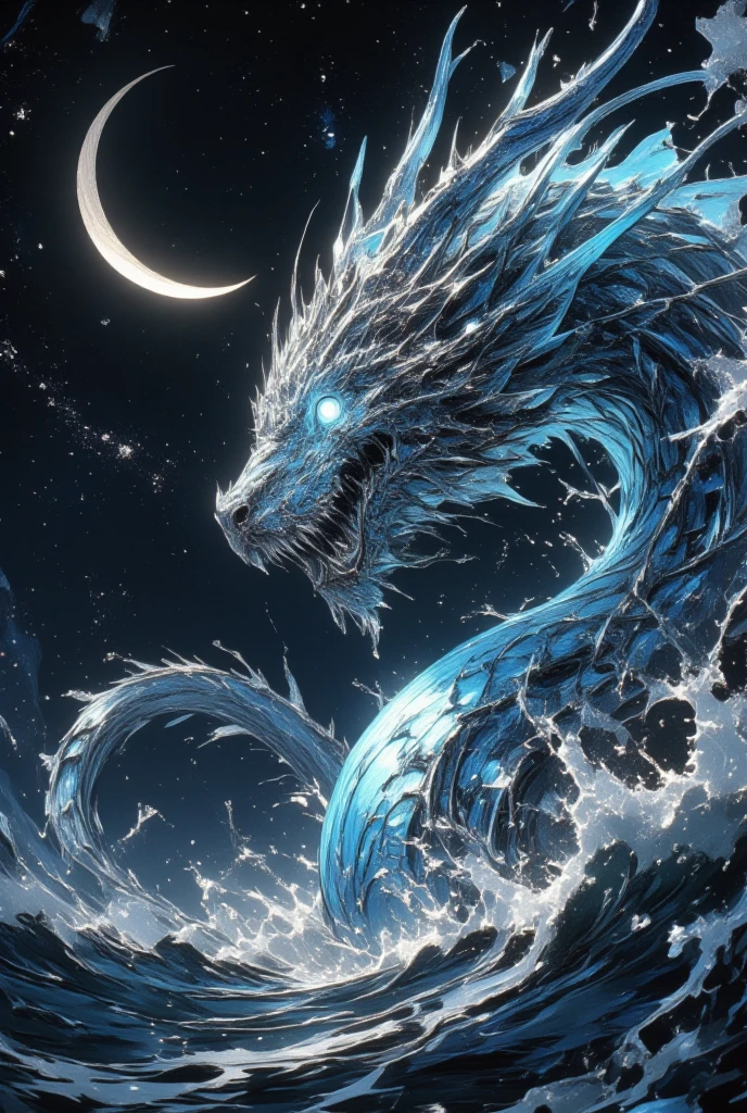 (Depict a serene yet enigmatic dragon that calls the vast ocean home, its body sleek and covered in luminescent scales that reflect the moonlight like a thousand tiny mirrors. This dragon cuts through the waves with ease, its serpentine form gliding effortlessly beneath the surface before breaking through in a shower of crystal water droplets. Its wings are fin-like, expanded to catch the sea breeze, creating ripples of phosphorescent light. The dragon’s eyes are a deep azure, luminous and wise, mirroring the endless depths of the ocean. The sea around this majestic being is calm and reflective, a mirror to the starry sky above, while a crescent moon hangs low, illuminating the entire scene in a soft, silver glow. The artistry channels the ethereal dreamscapes typical of Amano's work, with its delicate lines and surreal ambiance perfectly capturing the tranquil majesty and understated power of this oceanic guardian, amidst the backdrop of a dark fantasy setting.)