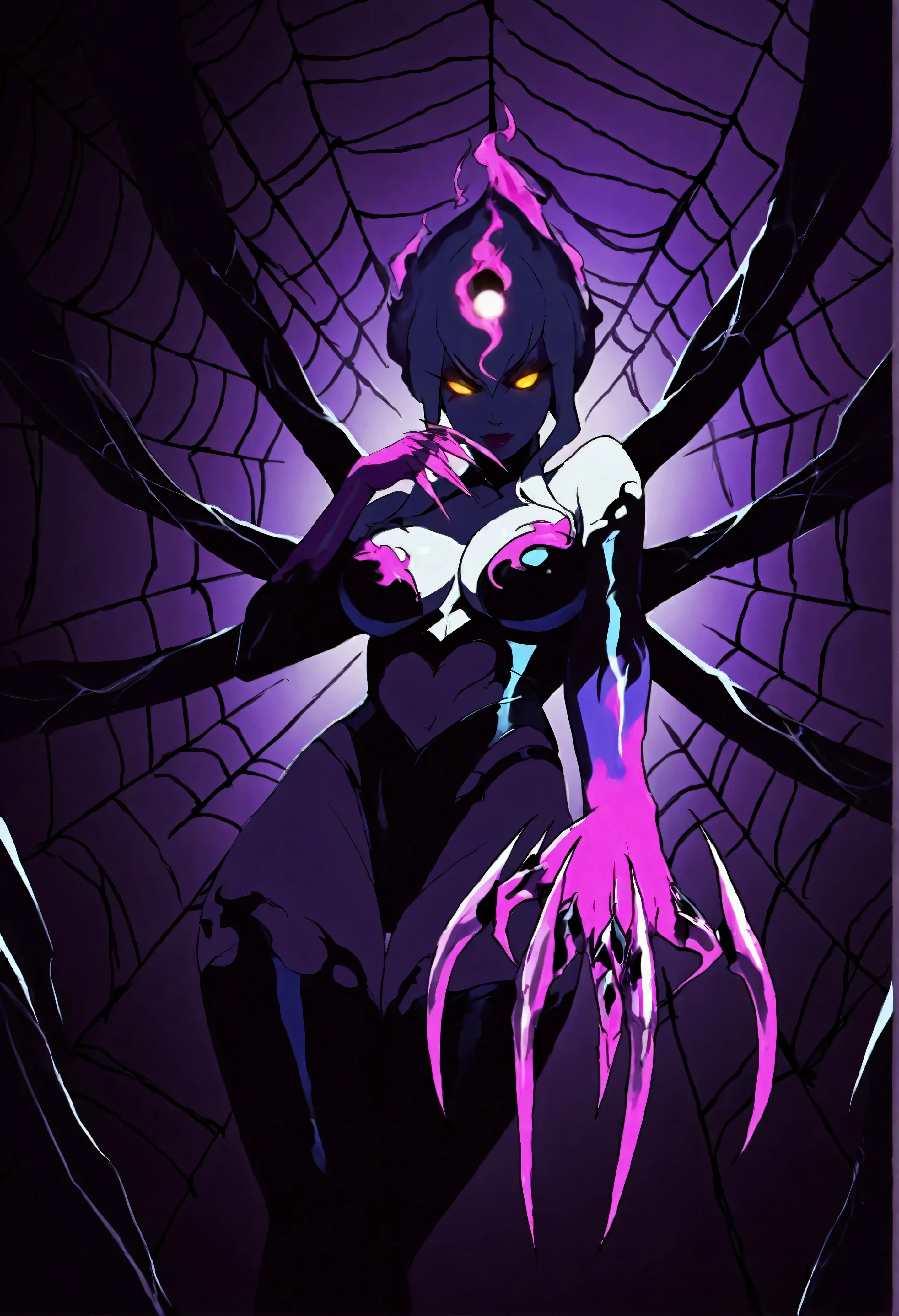 high definition ,Evelynn,purple,chromatic,linear approach, spider web,Spider queen , glowing eyes ,Tención,threatening