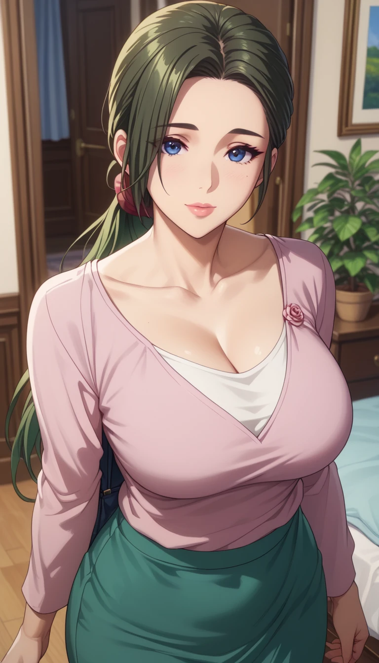 (masterpiece, best_quality:1.2), 1girl, solo, mature female, dark-green hair, low ponytail, (casual clothes, long sleeves, skirt), beautiful eyes, female focus, looking at viewer, large breast, cleavage, wide hips, ((above view)) ((close up shot)) ((solo)) detailed, very high resolution, no blurry image, standing, beautiful, elegant, serene expression, intricate details, detailed background, bedroom:1.3