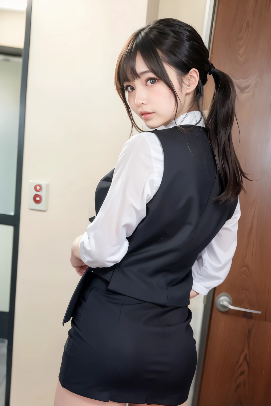 one woman、Wear a Japanese office lady uniform , beautiful face、 ponytail、 Japanese office uniform 、Black vest、 Black mini skirt , White collared shirt 、、 beautiful big eyes、 slender figure 、Thin legs、 nice butt、 Nasty Smiles 、 RAW photos , ( top quality、 Masterpiece :1.2), realistic skin texture, back view、 look back、 photo from behind 、 accentuates buttocks 、 undress、outcrop、 Remove the button