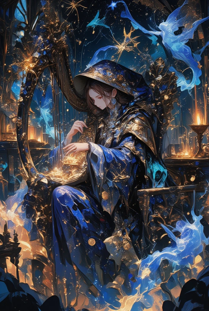 Depict a bardical fortune teller, weaving tales of future and fate within the realm of dark fantasy, styled within Yoshitaka Amano's signature allure. (A charismatic figure with a voice as mellifluous as the nightingale, she is cloaked in a myriad of celestial patterns that twinkle against the deep, velvety backdrop of the night sky). Her dark auburn hair, adorned with silver lunar pendants, glints in the candle-lit ambiance. Her delicate hands strum an enchanted harp, its strings a fusion of ethereal light that resonates with the cosmic harmony of the universe. As she sings, ethereal phantoms emerge, dancing to her haunting melody, creating a dynamic scene alive with the interplay of harmony and mystery. This vibrant tableau conjures a world where music, magic, and destiny meld into a mesmerizing dance of colors, inviting dreamers to journey through the infinite cosmos.