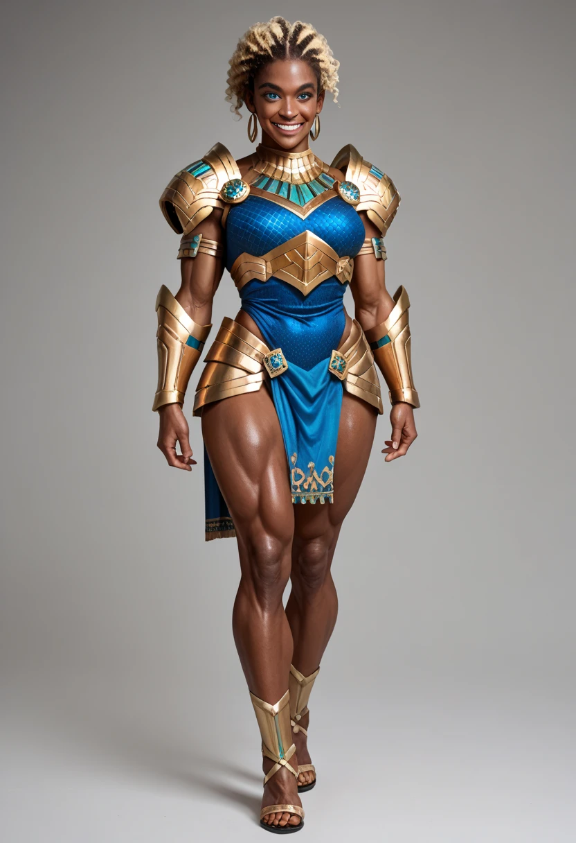 Muscular African female wearing all-gold Gemini armor with blue eyes and blonde hair, smiling at viewer in full body portrait.