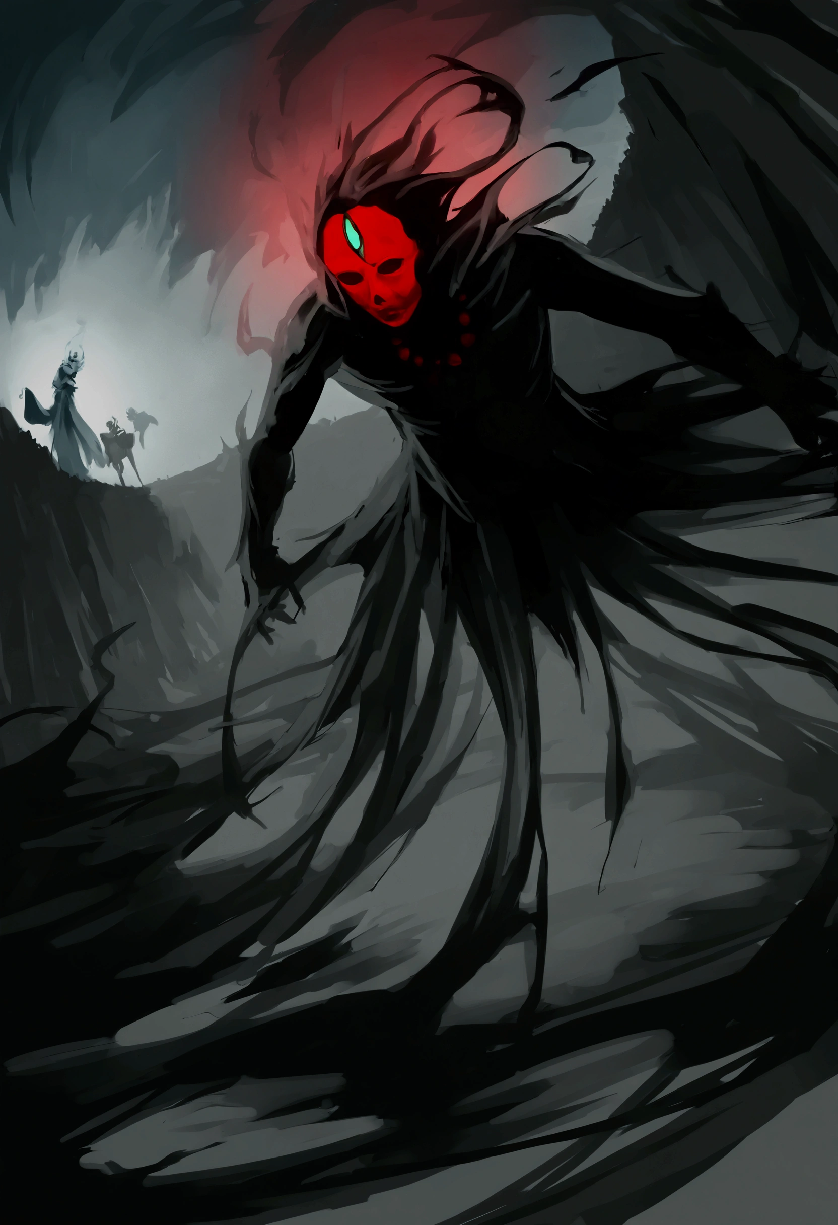 Executioner Demon, long blade claws, (soulless hood), simple black robe, tall and lanky body, Pile of corpses background, eerie, dark, oblique angle, closeup, Grusel