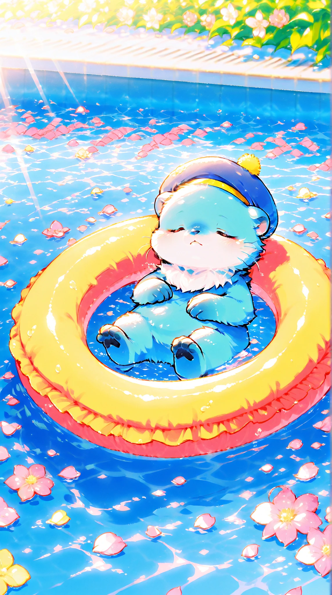 Score_9, Score_8_up, Score_7_up, Score_6_up, Score_5_up, Score_4_up, no human, solo, sea otter \(blue fur, adorable, sleeping on swimming ring, blue beret hat, swimming ring\), pool, flower petals, sunlight, vivid, colorful, warm,