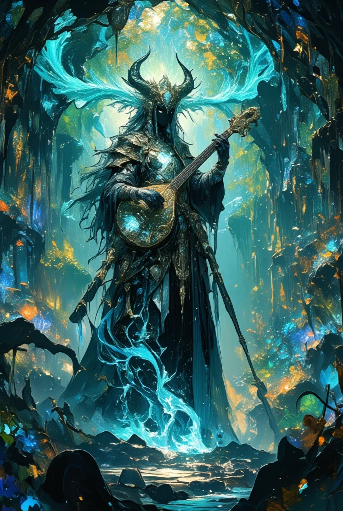 Visualize a mesmerizing scene of a bard encased in an ethereal forest. The bard (a figure of striking elegance with long, flowing hair and wearing a flowing, traditional minstrel's gown that shimmers as if woven from moonlight) stands center-stage, gently strumming a beautifully ornate lute that emits a soft, enchanting glow. Surrounding the bard, the forest is a symphony of otherworldly flora—each plant, vividly detailed, seems to sway subtly to an otherworldly rhythm. This is no ordinary forest; each tree and flower appears alive with colors that range from opalescent blues to iridescent greens, capturing the audience's attention. The atmosphere is serene yet charged with a mystical energy, as though the very music of the bard gives life to the forest itself. The air is thick with an ambient mist that wafts gently, adding layers of mystery. Design this picturesque scene with the artistic dark fantasy nuances reminiscent of Yoshitaka Amano's style, where surrealism meets meticulous artistry, ensuring every element possesses an ethereal, magical quality that is both haunting and beautiful.