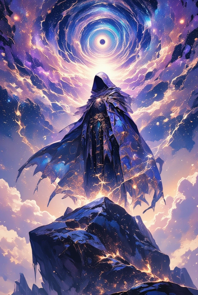 Imagine a bard standing on a colossal rock, suspended in the expanse of a celestial realm. This bard (a majestic figure adorned in a voluminous cloak covered in celestial patterns of stars and swirling galaxies, cloaked hood partially shadowing enigmatic eyes) serenades the cosmos itself. Envision the music given form as ethereal runes and musical notes, which spiral upwards, transforming into radiant strands of light and disappearing into the starry abyss. In the background, the cosmos stretches infinitely, with nebulae of shimmering pastel colors, creating an awe-inspiring tapestry of space that reflects the bard's music—a symphony of visuals and sound. Above, celestial bodies—lavender-tinted clouds, radiant stars, and distant planets—create a mesmerizing backdrop, enhancing the performance by forming constellations that echo the themes of the bard's song. Conjure this scene with the stylistic details akin to the imaginative vision of Yoshitaka Amano, where each aspect is detailed with a dream-like precision, balancing between dark fantasy and cosmic myth.