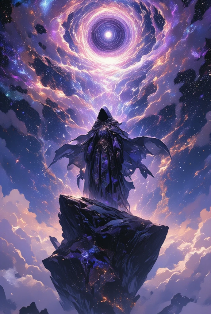 Imagine a bard standing on a colossal rock, suspended in the expanse of a celestial realm. This bard (a majestic figure adorned in a voluminous cloak covered in celestial patterns of stars and swirling galaxies, cloaked hood partially shadowing enigmatic eyes) serenades the cosmos itself. Envision the music given form as ethereal runes and musical notes, which spiral upwards, transforming into radiant strands of light and disappearing into the starry abyss. In the background, the cosmos stretches infinitely, with nebulae of shimmering pastel colors, creating an awe-inspiring tapestry of space that reflects the bard's music—a symphony of visuals and sound. Above, celestial bodies—lavender-tinted clouds, radiant stars, and distant planets—create a mesmerizing backdrop, enhancing the performance by forming constellations that echo the themes of the bard's song. Conjure this scene with the stylistic details akin to the imaginative vision of Yoshitaka Amano, where each aspect is detailed with a dream-like precision, balancing between dark fantasy and cosmic myth.