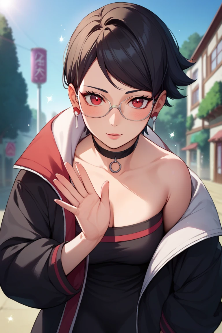 score_9, score_8_up, score_7_up, score_6_up, score_5_up, score_4_up, rating_questionable, , source_anime, digital illustration, pixiv, fanbox, uncensored, , BREAK, official art,
1girl, solo, mature female, sarada, black hair, red eyes, short hair, swept bangs, choker, glasses, earrings,
black jacket, black dress, off shoulder,  upper body, blush, waving,, outdoors, cowboy shot, looking at viewer, colorful, vivid    