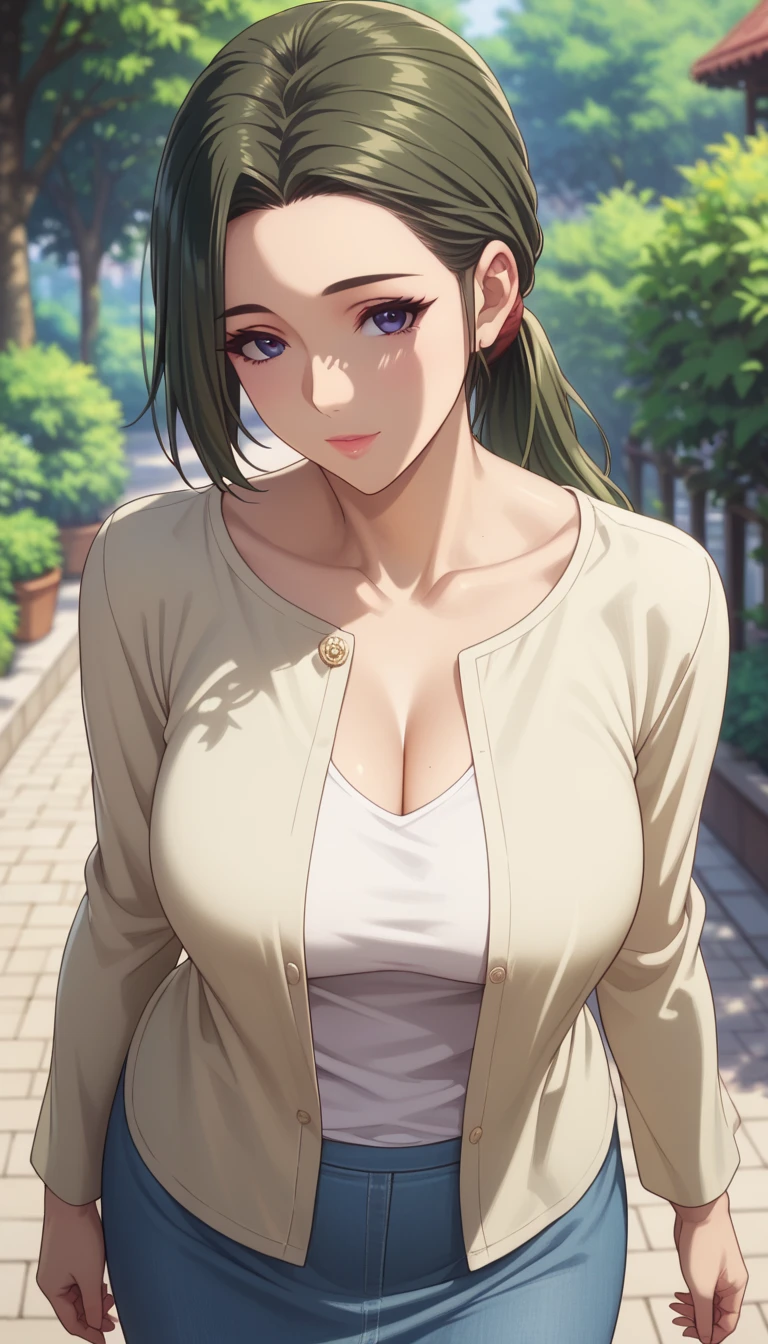 (masterpiece, best_quality:1.2), 1girl, solo, mature female, dark-green hair, low ponytail, (casual clothes, long sleeves, closed clothes, skirt), beautiful eyes, female focus, looking at viewer, large breast, cleavage, wide hips, ((above view)) ((close up shot)) ((solo)) detailed, very high resolution, no blurry image, standing, beautiful, elegant, serene expression, intricate details, detailed background, bedroom:1.3