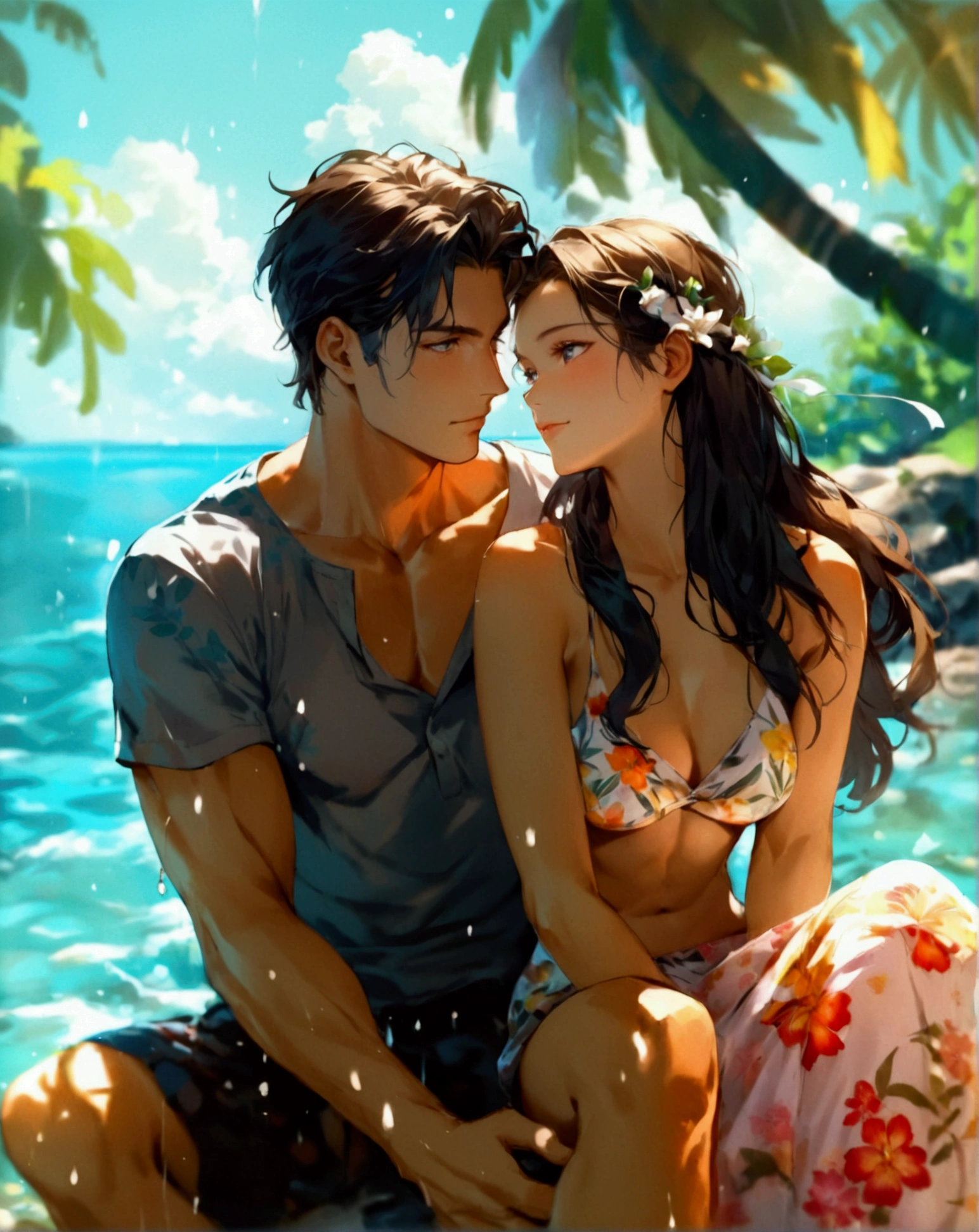 Portray the most dramatic romantic scene of all time, set against the tranquil backdrop of a shallow lagoon surrounded by lush tropical flora, with tropical flora swaying gently in the breeze. An international couple, exuding warmth and love, sits together on the rocks, with the European man in his thirties, sporting a strong square face, chiseled features, and a athletic physique, his coiffed light brown hair subtly tousled. He wears a gray shirt in floral print and comfortable beach trunks, while his Asian girlfriend, with an elegant oval face, defined by low cheekbones and framed by long, silky black hair, wraps herself in a floral print gray shirt. The stunning lagoon, a brilliant blue, sparkles in harmony with the tropical surroundings, capturing the essence of a perfect romantic getaway. (wide view), (medium full shot, ((looking at viewer))