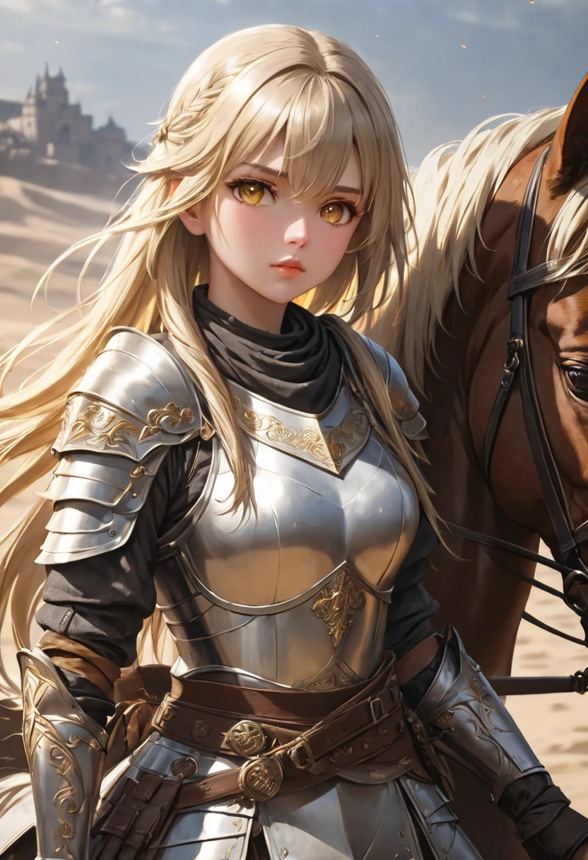 anime, (a girl riding an horse war), (masterpiece, best quality, ultra detailed, best shadow), (detailed background, dark fantasy), (detailed human face and head), best quality, cinematic lighting, dark, pale art blonde and brown, conceptual, digital painting, digital painting, diffuse lighting, digital painting, digital painting, diffuse lighting, fantasy, gloves, highly detailed, highly detailed, illustration, intricate, intricate, long hair, navel, old slavic warrior hair, photorealistic, photorealistic, realistic, solo , desert sand, hair between eyes, white gloves, fingerless gloves, pe armor, hold, shoulder armor, bangs, choker, large belt, elbows, yellow eyes, very marked and defined abs, half-open and fleshy lips, pants , bandages, slavic. skinny (yellow and bronze medieval sword)