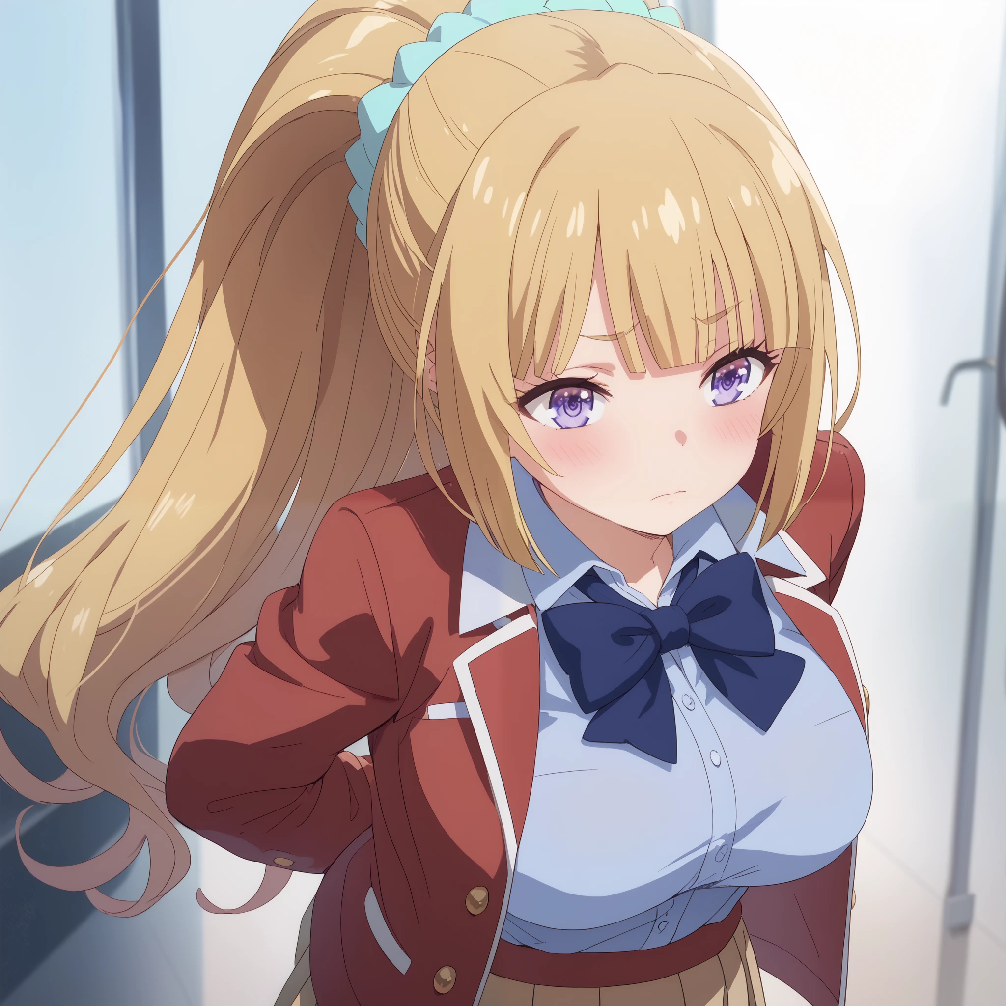 skirt, shirt, bow, school uniform, jacket, red jacket, pleated skirt, bowtie, sweater, blue bow, blue shirt, (arms behind back:1.4), breast, (huge breast:1.0), (blush), 8k masterpiece, (1girl, solo),kei karuizawa, long hair, bangs, blunt bangs, purple eyes, blonde hair, hair ornament, ponytail, scrunchie, blue scrunchie,