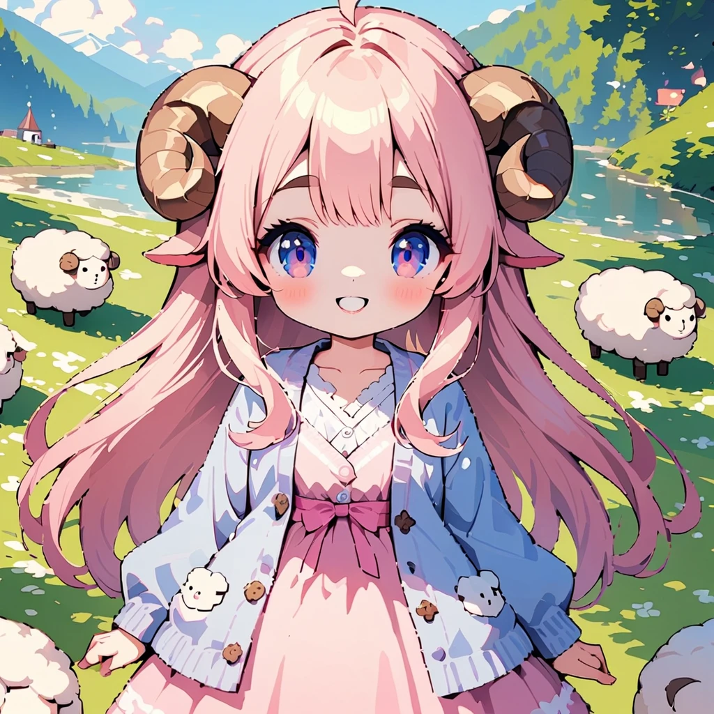 score_9, score_8_up, score_7_up, source_anime, (masterpiece:1.3, best quality:1.3, 8k,  highres icon:1.3, good anatomy), 1girl, Put a white beard on your nose :1.5,  pink fluffy long hair \ Fluffy Long Hair, Sheep&#39;s round horns, Thick eyebrows, smile,  Pink Dress ,  sky blue cardigan ,  brown boots ,  cute BREAK Alphonse Mucha background:1.5