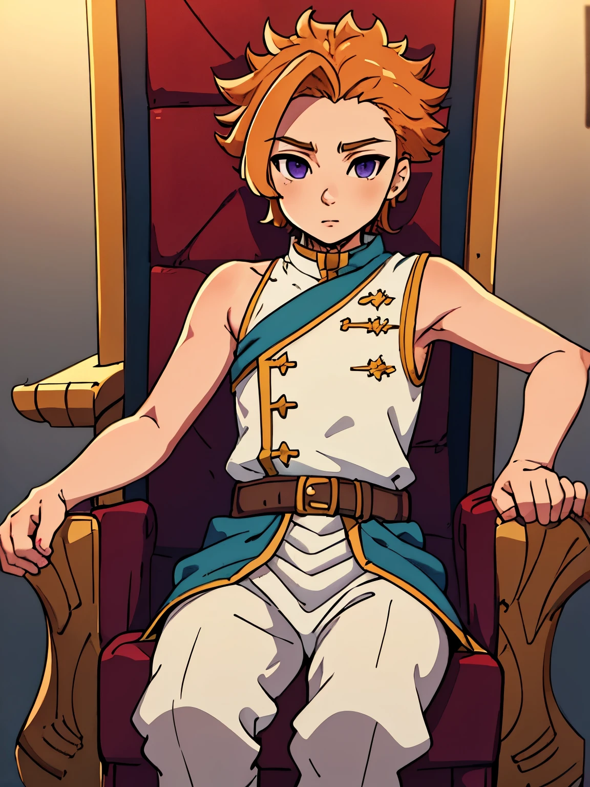 masterpiece, best quality, high quality, 1boy, solo, male focus, looking at viewer, Look like young boy, depth of field, arthur_pendragon, bare shoulder, throne, Sleeveless uniform