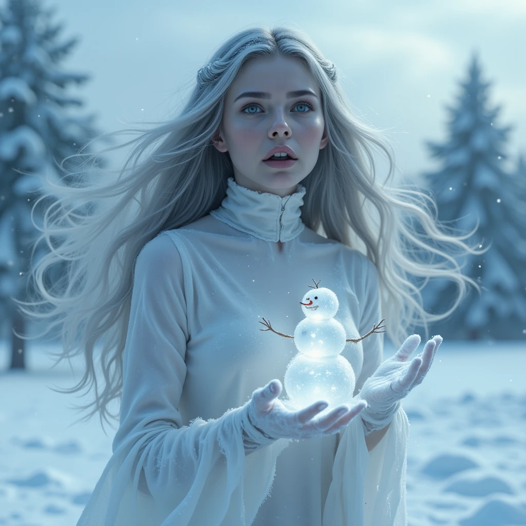 hyper detailed, hyper realistic photo of a beautiful girl while being transformed by a spell into a snowman.